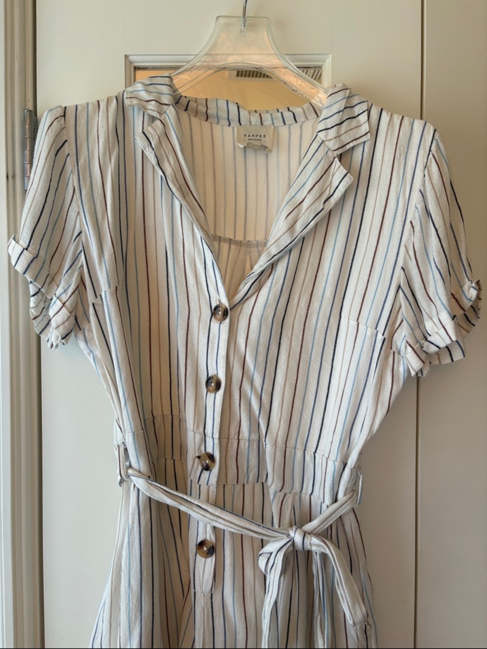 Juniors L Striped Button-Front Romper in Off White with Navy Brown Blue Stripes